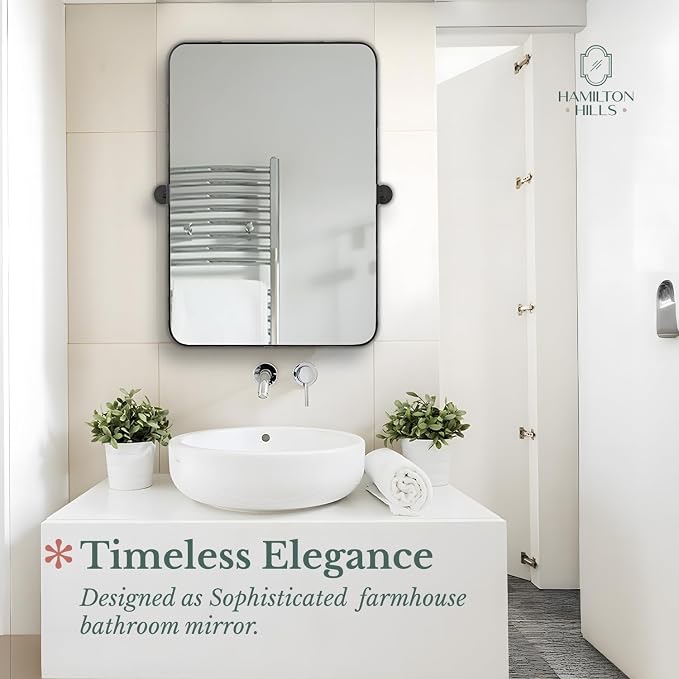 hamilton hills 24x36 inch brushed black metal framed mirror - pivot mirrors for bathrooms - rounded corner rectangular frame with tilt mirror brackets - adjustable and tilting farmhouse wall vanity