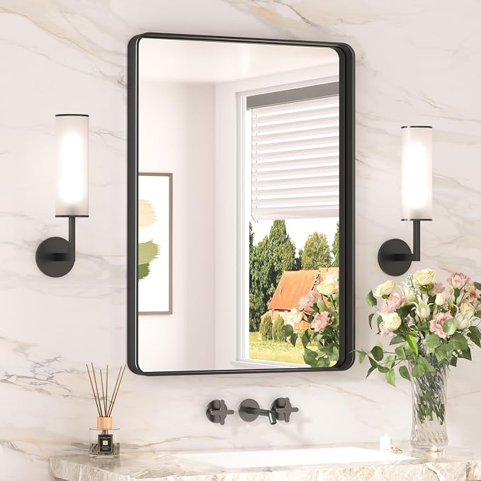 keonjinn black bathroom mirror, 20 x 30 inch rounded rectangle bathroom mirrors for over sink sandblasted finish, matte black farmhouse vanity mirror for wall with seamless frame and hd tempered glass | sandblasted finish, matte black mirror, anti-rust, seamless aluminum frame, rounded rectangle, french cleat mount, home décor