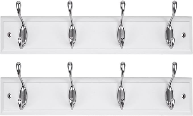 DOKEHOM [2 Pack 4-Satin Nickel Hooks on White Wooden Board Wall Mounted Coat Hook Rack Hanger