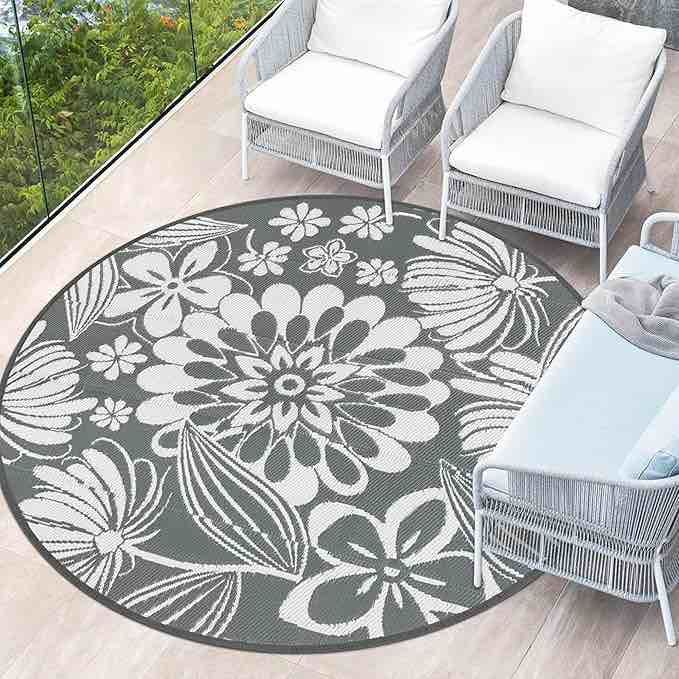 ileading round outdoor plastic straw rug 6ft funny floral style reversible patio area rugs waterproof non shedding portable carpets for rv outside deck pool beach picnic camping (grey)