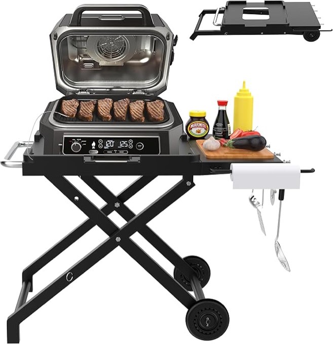 folding grill stand for ninja woodfire outdoor grill stand og700 og800 og900 series, portable bbq stand table for ninja oo101 woodfire pizza oven also fit blackstone 17/22" with hook, wheels