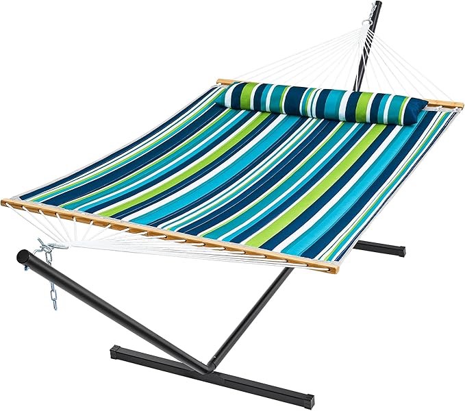 superjare hammock with stand, 2 person quilted outdoor hammock, detachable pillow & bamboo spreaders, portable hammock with carrying bag, heavy duty stand, perfect for outside, patio, beige