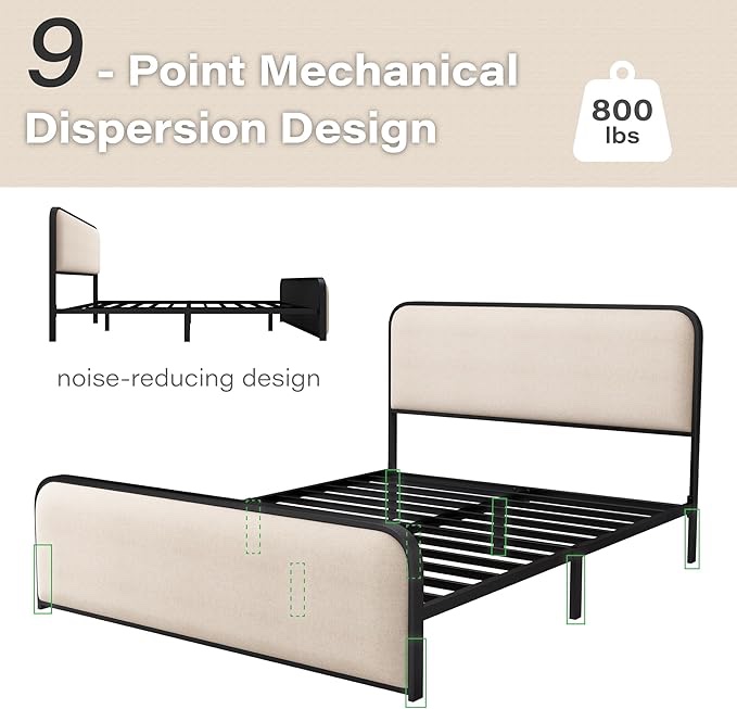 Queen Metal Platform Bed, Modern Minimalist Linen Upholstered Bed Frame with Headboard & Footboard, Squeak-Free, No Box Spring Needed, Easy Assembly, Cream Beige
