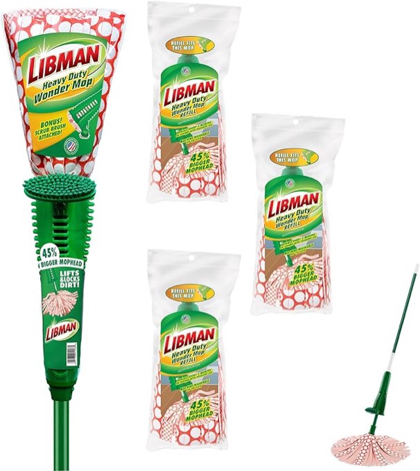 Libman Heavy Duty Wonder Mop Plus 3 Refill Heads | Absorbent Microfiber | Self Wringing Mop | Household Mops, Buckets & Accessories | Machine Washable | Multi-Surface Floor Mop | 3 Replacement Heads