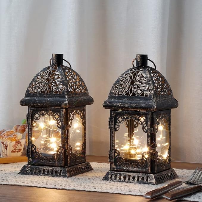 TRIROCKS Vintage Style Decorative Lantern - 8'' H Battery Operated Metal Lantern with LED Fairy Lights - Perfect for Living Room Events Indoors (Black with Gold Brush)