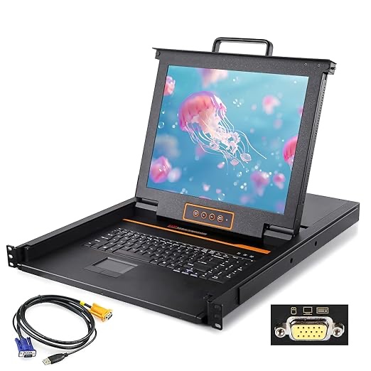 1U Rack Mount KVM Console-17 Rackmount Monitor Keyboard and Single Port VGA KVM, 50,000 MTBF,1280X1024 60Hz,17.6X18.9X1.67 inches(WXDXH),Fit 1U 19'' Rack,with 1 USB VGA Cable,1 Power Cord, 2 Brackets