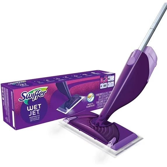 swiffer wetjet hardwood and floor spray mop cleaner starter kit, includes: 1 power mop, 10 pads, cleaning solution, batteries