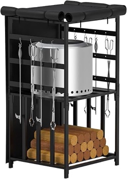 Firewood Storage Rack for Solo Stove Bonfire Ranger Yukon Fire Pit Accessories, Black Steel with Powder Coated Finish, Adjustable Shelves, Waterproof Cover, 29.9' x 25.6' x 52.9'