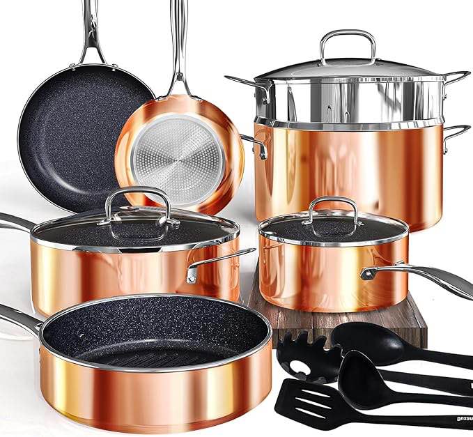 deluxe duxano 14pc healthy pots and pan with 9h anti-scratch coating, 2-layer non-stick ceramic&pfas free, sensitively&evenly induction cooking, enhanced flavor with infrared cookware, dishwasher safe