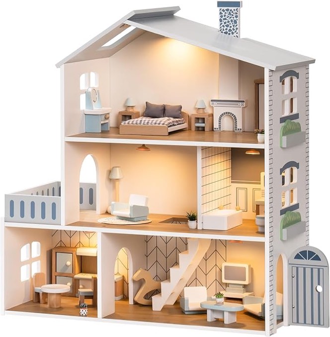 robud doll house, wooden dollhouse with 6 rooms, 29-pcs realistic accessories, dollhouse playset for 4-6 inch dolls, gifts for kids & toddlers, nordic style, ages 3+