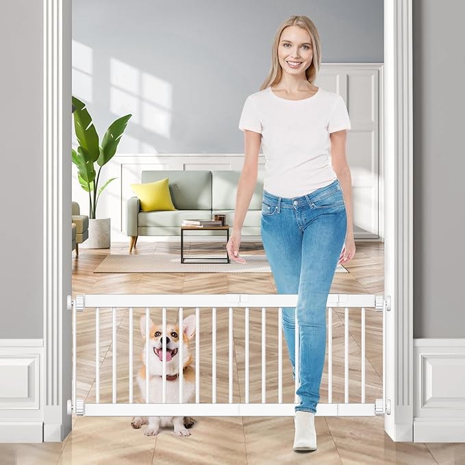 Dog Gate - 18"-45" Adjustable Extra Wide Metal Baby Gate to Step Over, 10" Tall Small Pet Gate with 3 Extension Kits, Pressure Mounted for Doorways & Stairs