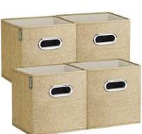 BALEINE Premium Foldable Cube Storage Bins, Collapsible Linen Fabric Cube Organizer with Aluminum Handles, 10.5" x 10.5" x11" Heavy Duty Cube Baskets, Beige 4 Pack