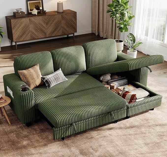 Sectional Sleeper Sofa with Pull Out Couch Bed Convertible Plush Corduroy Cloud Couch with Storage Chaise & USB Charging, Comfy L Shaped Modular Couches for Living Room Apartment (Green)