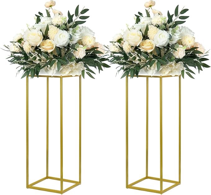 YALLOVE 2 Pack 23.75 Inch Gold Wedding Flower Stand Metal Vase Column Stand Geometric Centerpiece Vase for Home Party Wedding Decorations, Rectangular Flower Display Rack