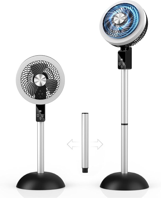 portable standing fan, 10000mah rechargeable battery powered, 90°+120°omnidirectional oscillating fan for bedroom, 82ft circulator, adjustable height, 8 speeds, 8h timer, dc motor quiet pedestal fans