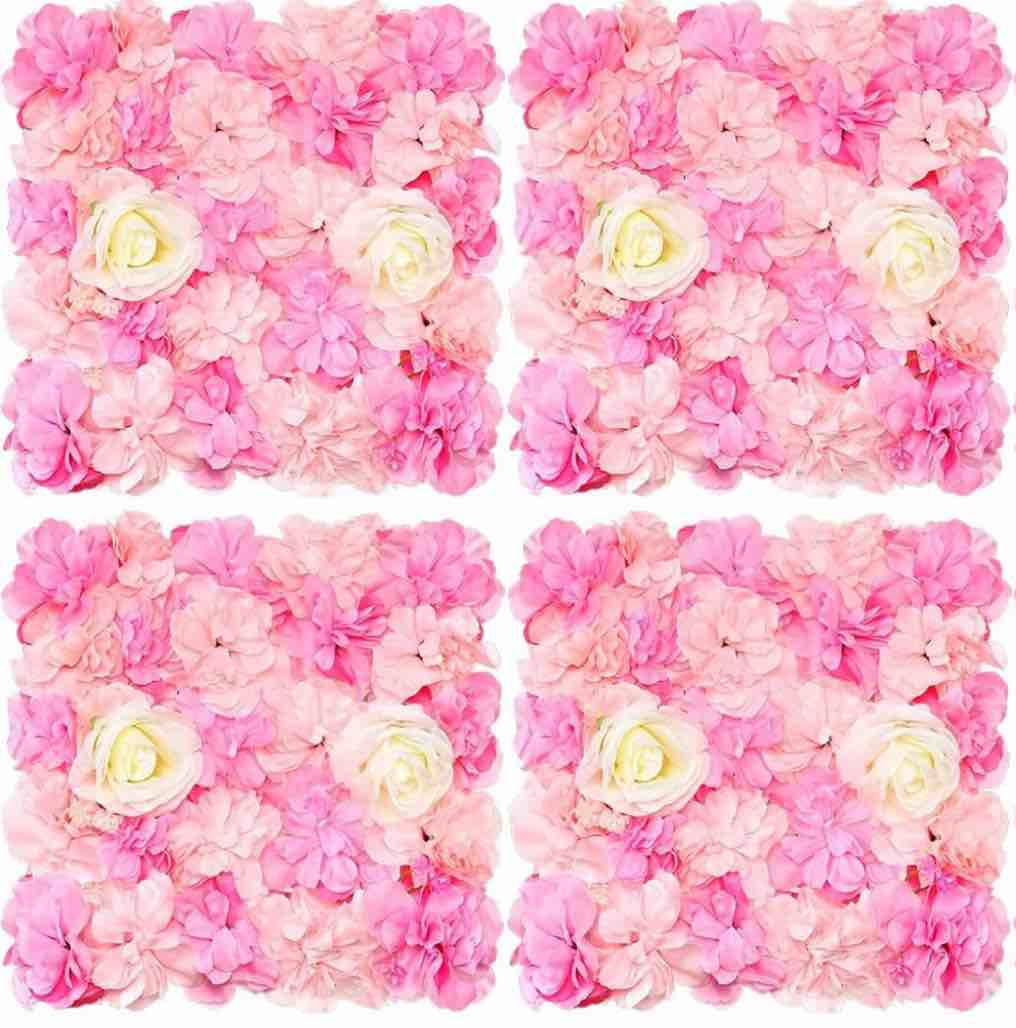 Tigeen 4 Pcs Flower Wall Panels 3D Silk Rose Floral Wall Decorative Faux Flower Wall Background for Wedding Home Decoration Background Shop Party Photo Arrangement (Pink, White,15 x 15 Inch) Pink, White 15 x 15 Inch