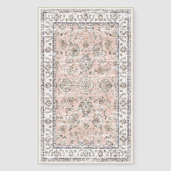 ryb home 8x10 living room rugs, floral washable large area rug for bedroom, vintage soft non slip stain resistant rug for dining room office farmhouse, 8x10 ft, 10' x 8' (rectangular), pink