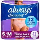 Always Discreet Adult Incontinence Underwear for Women and Postpartum Underwear, S/M, Up to 100% Bladder Leak Protection, 42 Count (Packaging May Vary)
