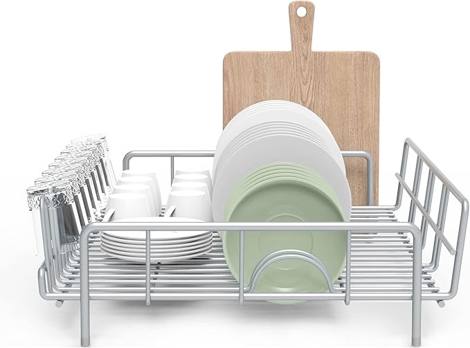 JAQ Dish Drying Rack Large Capacity , Rustproof Metal Dish Drainer Rack Storage Organizer with Dish Slots & Mug Hooks for Kitchen Cabinet Countertop 16.38'' Lx12.59'' Wx4.72'' H, Gray