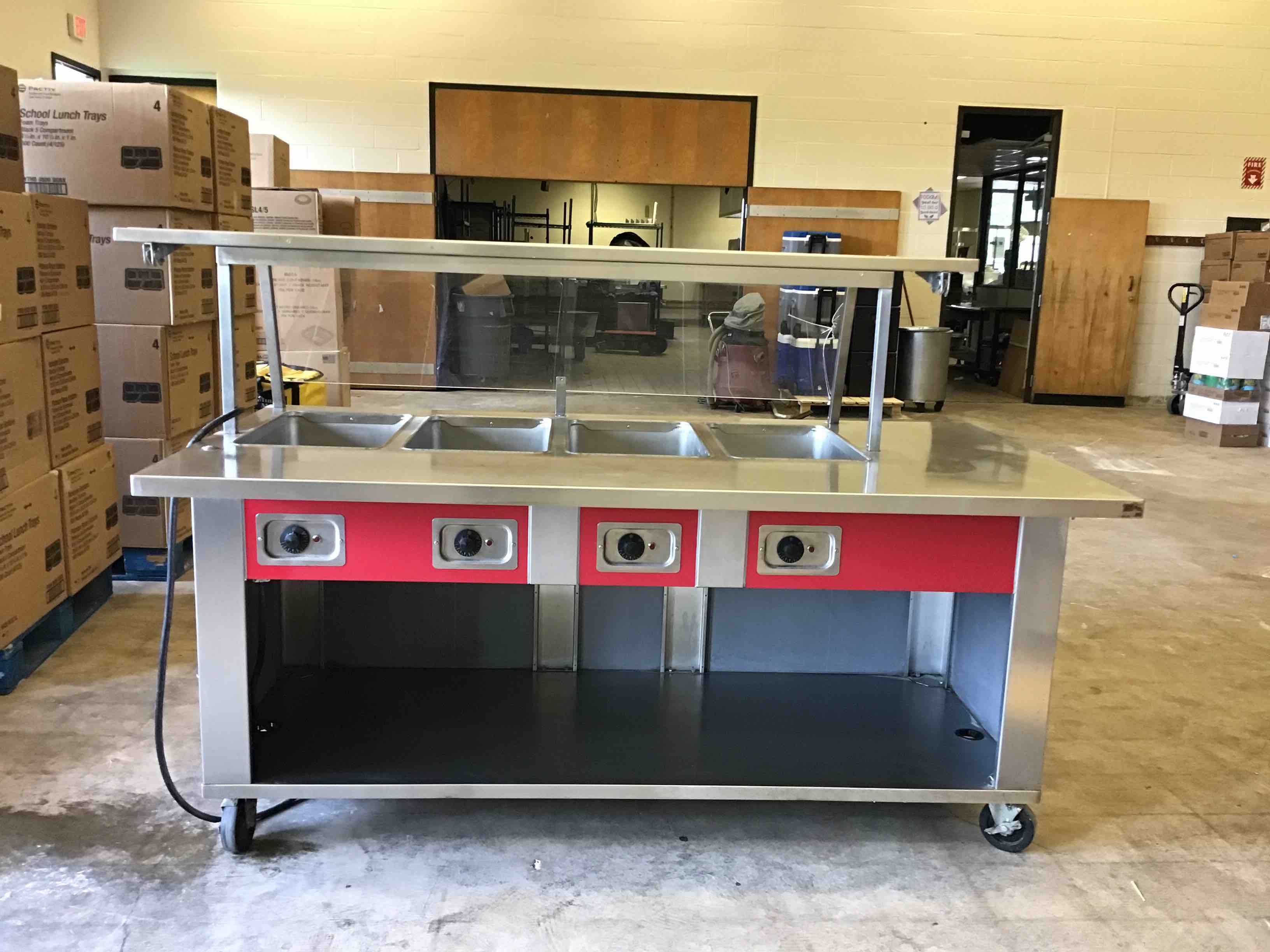 SECO PRODUCTS STAINLESS STEEL 4 WELL ELECTRIC STEAM TABLE ON CASTERS 