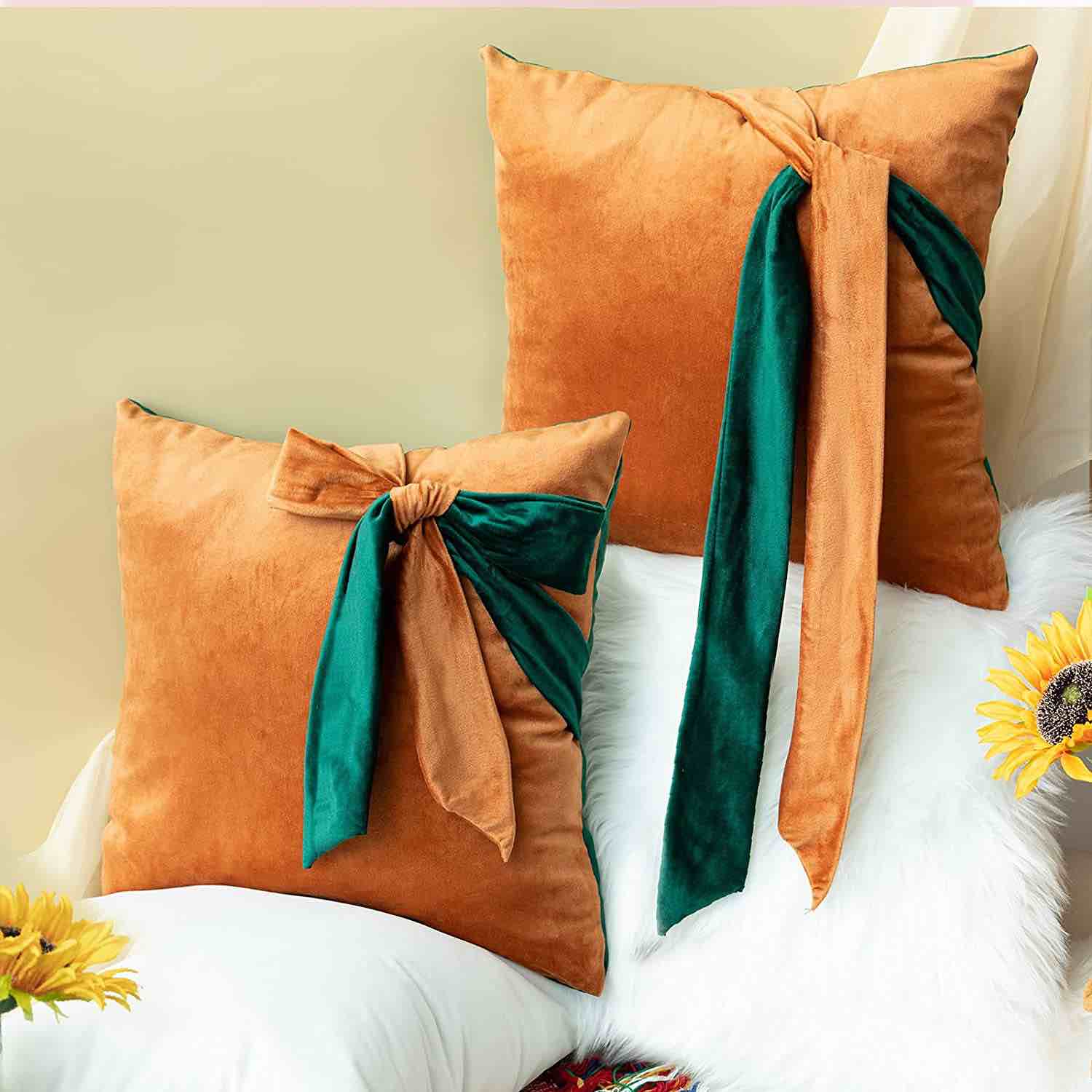 Tayis 2 Pack Cushion Covers 20×20,Soft Velvet Throw Pillow Covers 50x50cm Decorative Square Pillowcases for Sofa Chair Couch Bedroom Livingroom Office(Turquoise Green+Orange Brown)