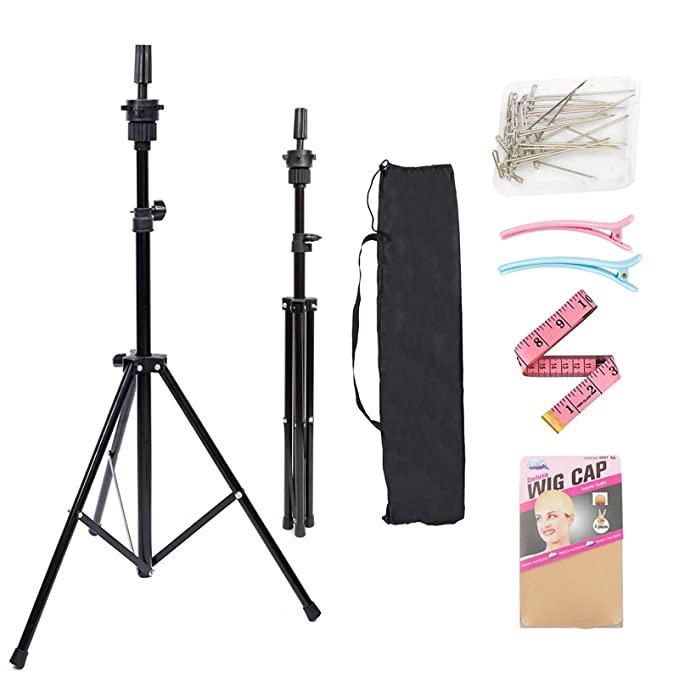 Wig Stand Tripod Adjustable Wig Head Stand Metal Mannequin Head Stand With Non Slip Base Canvas Block Heads Holder For Cosmetology Hairdressing Wigs 