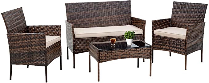 FDW Patio Furniture Set 4 Pieces Outdoor Rattan Chair Wicker Sofa Garden Conversation Bistro Sets for Yard Brown(Box 2/3)