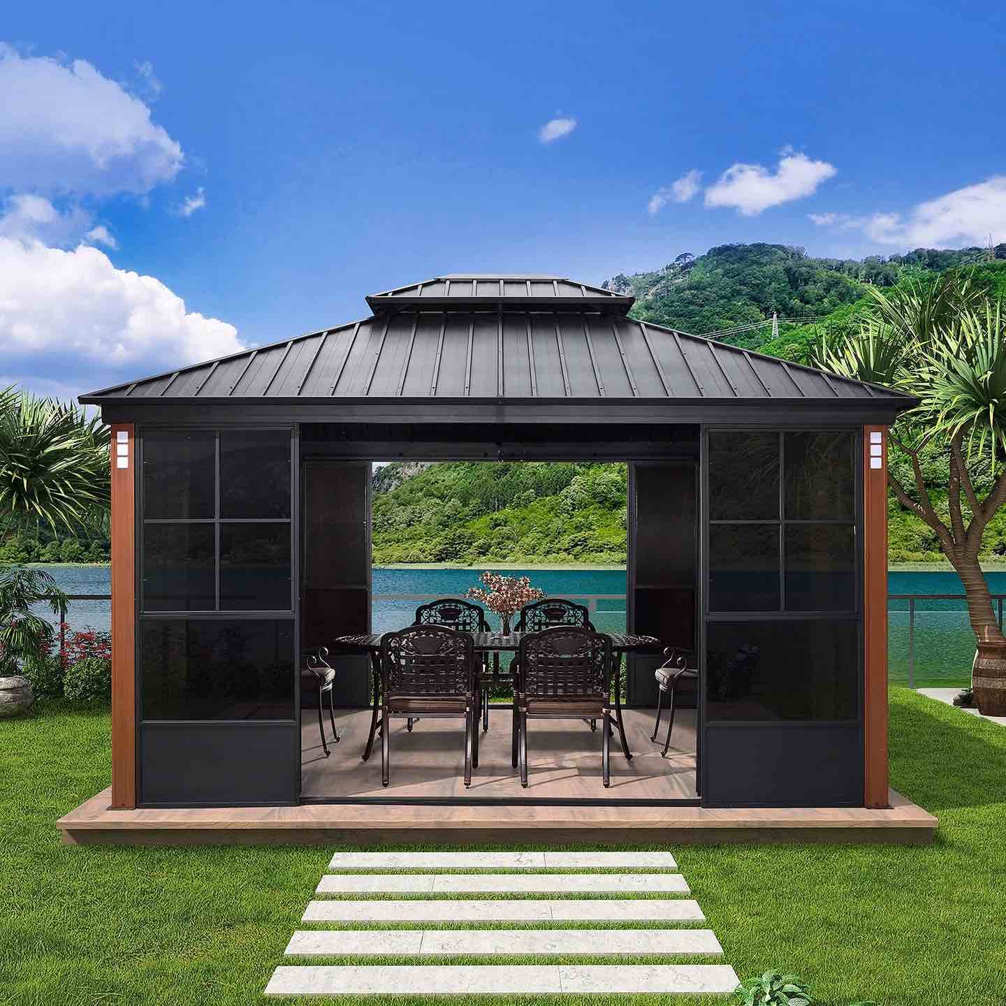 PURPLE LEAF 12' x 14' Hardtop Gazebo For Patio Screen House Backyard Sunroom With LED Lights Outdoor Aluminum Solarium Canopy