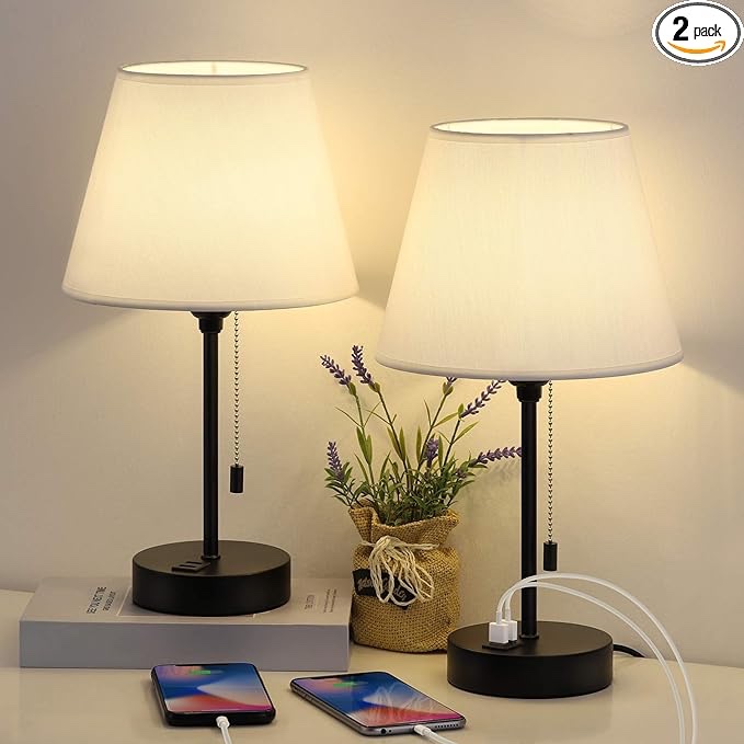 ETELI Table Lamps with 2 USB Charging Ports, Set of 2 