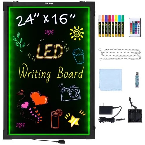 vevor led message writing board, 24 x 16 inch illuminated erasable chalkboard, neon effect menu sign, drawing board with 8 fluorescent chalk markers and remote control, tested to ul standards
