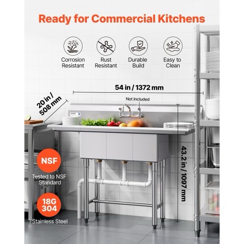 Condition photo showing New/Like New for Vevor 54 In. Three Compartment Stainless Steel Commercial Sink With Drainboards, Bowl Size 10"X 14"X 10" SC101410-12B3.