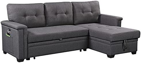 Lilola Home Nathan Dark Gray Reversible Sleeper Sectional Sofa with Storage Chaise, USB Charging Ports and Pocket