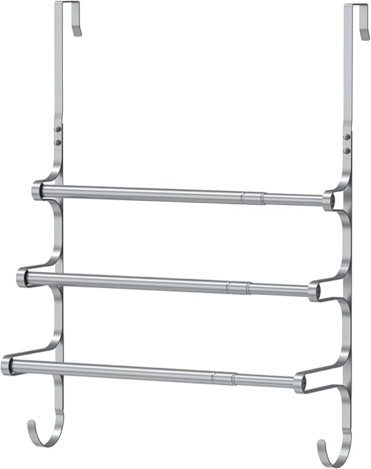 Over The Door Towel Rack, Over Door Towel Rack for Bathroom Door, Triple Towel Storage Holder with Hooks (Silver Gray, 17.32" L)