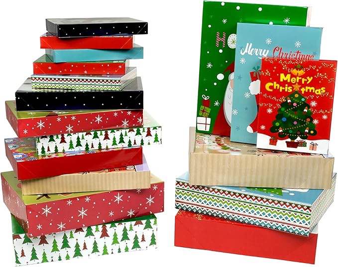 global printed products excello set of 18 christmas gift boxes - assorted sizes and designs