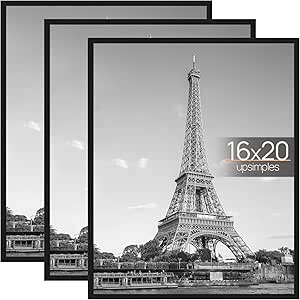 upsimples 16x20 Picture Frame Black 3 Pack, Scratch-Proof Poster Frames 16 x 20 for Photo Gallery - Slide-In Strips, Horizontal or Vertical Wall Mounting