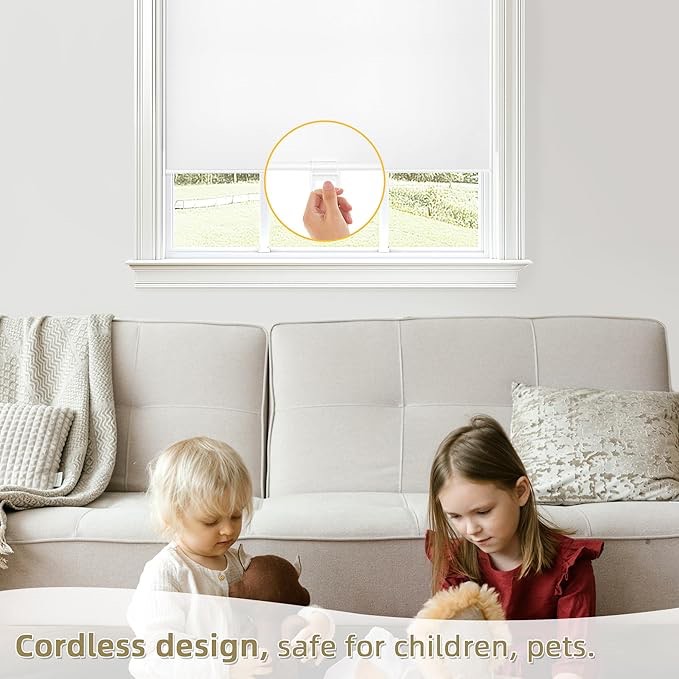 ChrisDowa Cordless Blackout Roller Shades for Windows, Thermal Insulated UV Protection Pull Down Shades, Total Blackout Window Blinds for Home, Office, Bedroom, Door (27" W x 72" H, White)