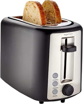 Amazon Basics 2 Slice Toaster, With 6 Browning Settings, Extra Wide Slots For Bagels and Special Breads, Removable Easy-to-Clean Crumb Tray, Cancel/Defrost/Bagel Buttons, 900W, Black & Silver