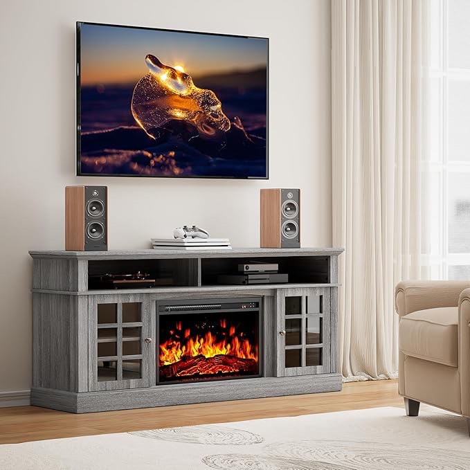 Pipishell Fireplace TV Stand with 23 inch Fireplace for up to 70 inch TVs, Electric Fireplace TV Stand Holds up to 200 lbs, Fireplace Entertainment Center TV Console Table with Open Shelves, PIWFS01G