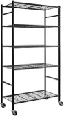 Storage Shelves Organizer - 5 Tier Metal Shelf Organizer with Metal Wheels and Adjustable Leveling Feet, Heavy Duty Garage Shelving for Kitchen, Pantry and Closet, 33.1"x12.6"x73.5", Black