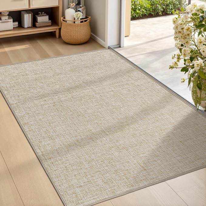 LEKEEPGO Ultra Thin Indoor Door Mat 24"x36", Low-Profile Door Mat Indoor Entrance, Non Slip Rubber Backing Inside Doormat Washable Welcome Front Entryway Dirt Trapper Entry Mat, Khaki