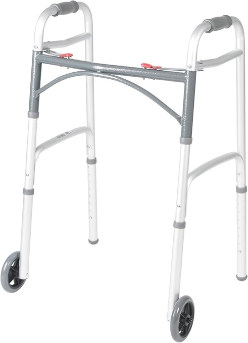 Drive Medical 10210-1 2-Button Folding Walker with Wheels, Rolling Walker, Front Wheel Walker, Lightweight Walkers for Seniors and Adults Weighing Up To 350 Pounds, Adjustable Height, Silver