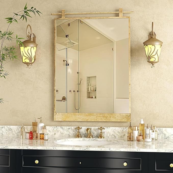 Farmhouse Barn Door Mirror, 24"x36" Metal Bathroom Vanity Mirror for Over Sink, Rustic Gold Decorative Wall Mirrors for Entryway, Living Room 24"L x 36"W Gold