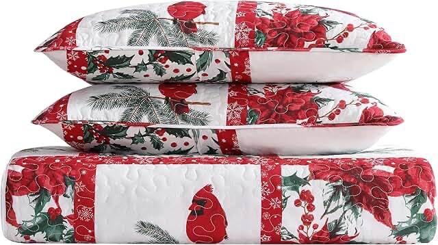 Beatrice Home Fashions Lightweight Full/Queen Holiday Quilt Bedding Set Mistletoe Patchwork, Holly, Poinsettia, Red, Green, White