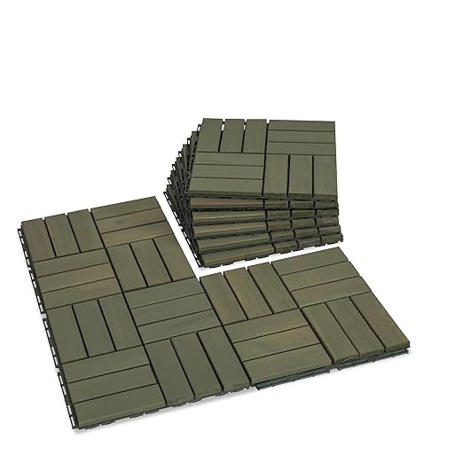 Acacia Wood Flooring Interlocking Deck Tiles for Patio Decor 9 Pcs 12 Slats VR Muted Green - Waterproof Indoor & Outdoor Decor - Balcony Garden Decking Tile 