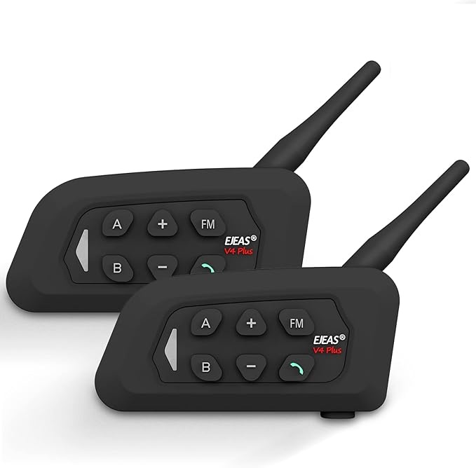 EJEAS V4 Plus Motorcycle Helmet Bluetooth Intercom, Bluetooth 5.1 Motorcycle Headset with CVC Noise Reduction and FM Radio Function for 4 Riders Talk at The Same Time Within 1500M (2 Pack)