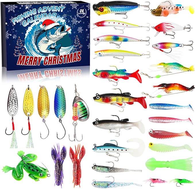 Advent Calendar Fishing Christmas Countdown -24 Days Fishing Lures Kit, 2025 Xmas Fishing Gift for Fisher Adult Men,Teen Boys,Father,Husband, or Boyfriend