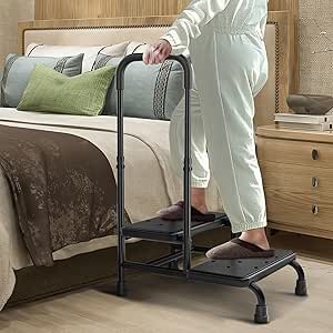 FORTEMOTUS Step Stool with Handle - Adjustable Handrail and Non-Slip Platform, Heavy Duty 2 Step Step Stool for Adults, Elderly, Footrest for Bedside Table, Kitchen