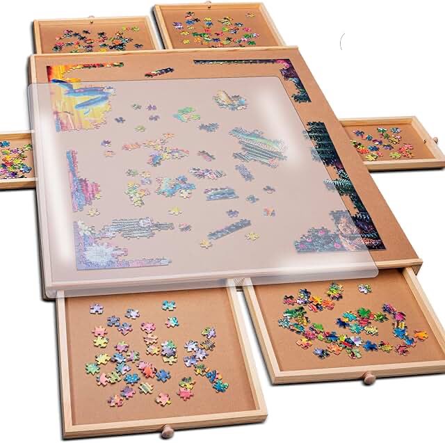PlayVibe 1500 Piece Puzzle Board with Drawers and Cover - Portable Wooden Jigsaw Puzzle Tray with Drawers, Solve Station & Sturdy Table, Christmas Family Games