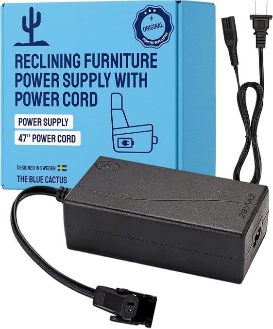 The Blue Cactus Company Reclining Furniture Power Supply with 47" Power Cord - Class 2, 2-Pin Furniture Connector - Gaming Chair & Electric Recliner Power Cord Replacement