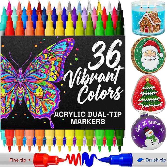ARTISTRO 36 Acrylic Paint Markers - Paint Pens Dual Tip Brush + Fine Ideal for Calligraphy - Perfect for Fabric, Rock, Glass, Wood, DIY - Art Supplies, Stocking Stuffers, Christmas Gift Idea